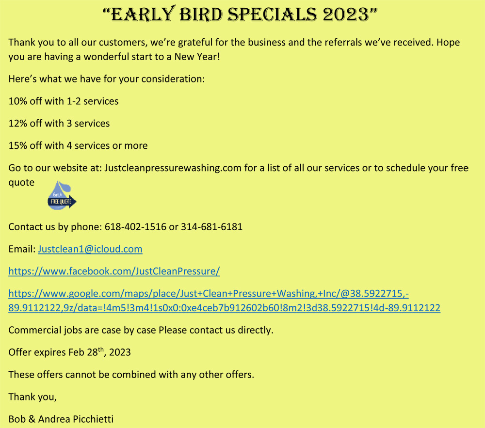 Spring Clean 2023 Offer from Just Clean Pressure Washing in O'Fallon IL